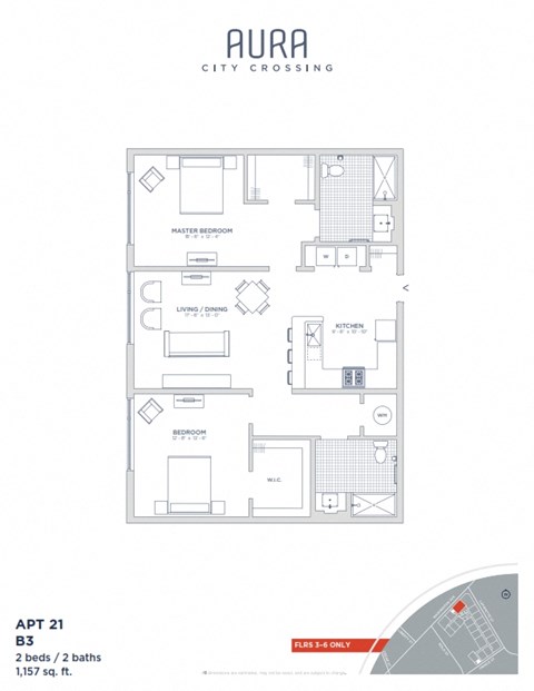 Floor plan for 2 beds, 2 baths, 1157 sqft